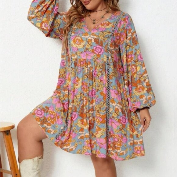 Boho floral print lantern sleeve smock dress - Picture 1 of 8